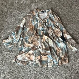 XL Brand New Women's Abstract Print Blouse - Brown, Teal, Cream +